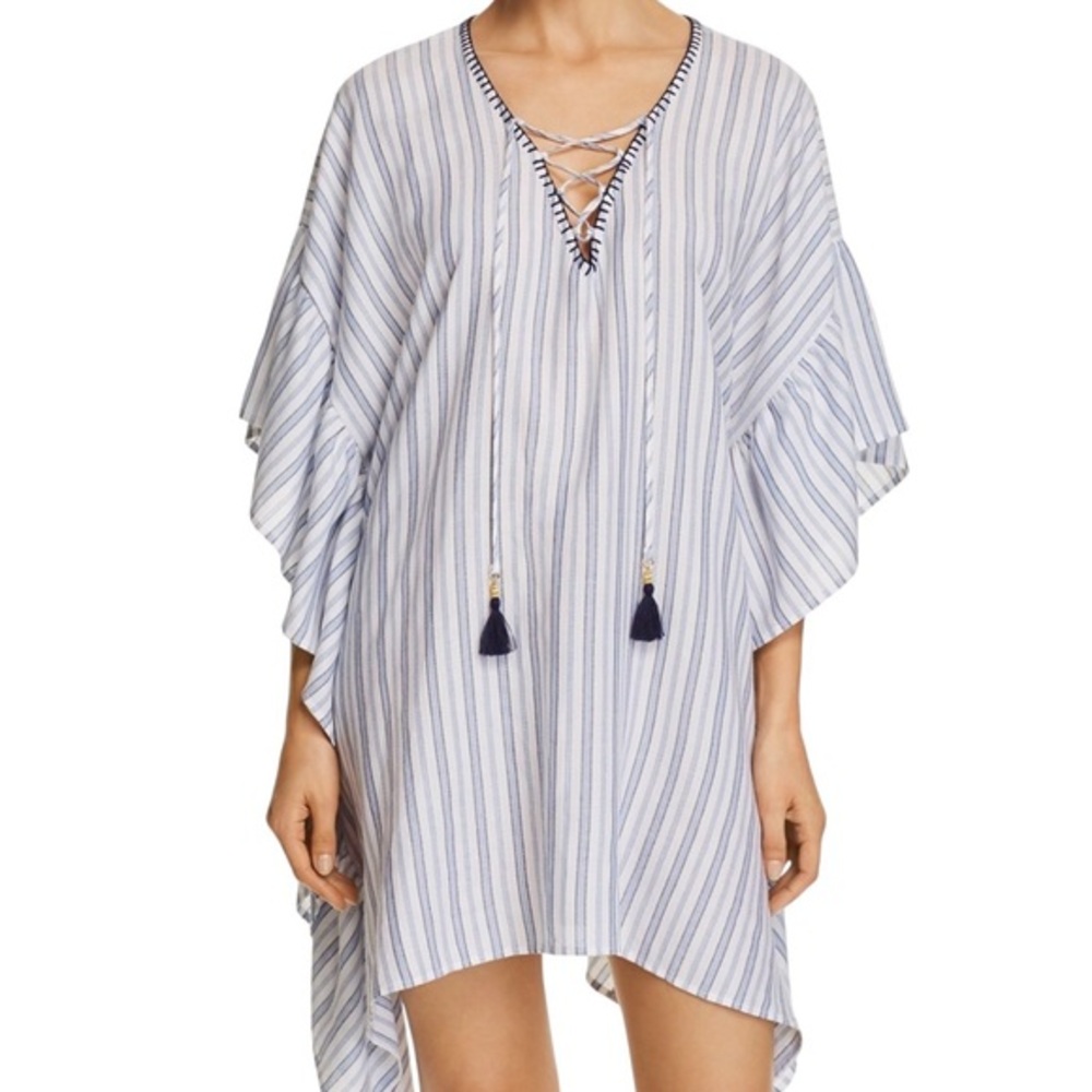 TOMMY BAHAMA NWT Stripe Ruffle Lace‎ Up Tunic Swim Cover-Up Dress Top S M